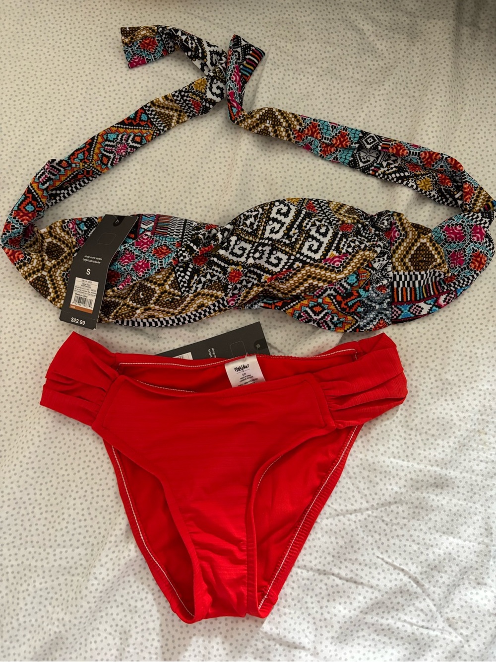 Mossimo Supply Co. Multicolor Printed Bandeau Top with Red Bikini Bottoms